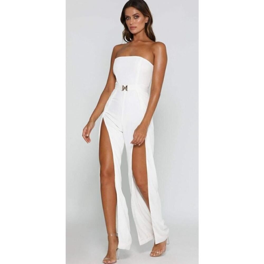 Meshki Livia Jumpsuit Women's Medium White Open Leg Strapless Gold Logo